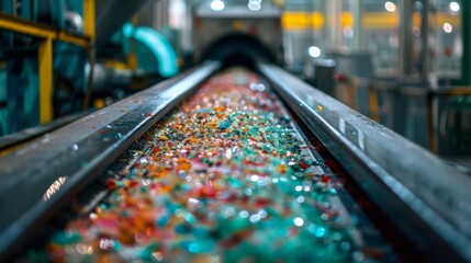 Aufkleber - Colorful granules made from recycled plastic are seen moving along a conveyor belt in a recycling facility. The vibrant colors showcase the diversity of materials being processed.