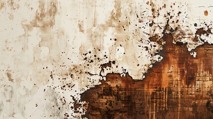 Poster - A close-up of a weathered wall with peeling paint and brown stains.