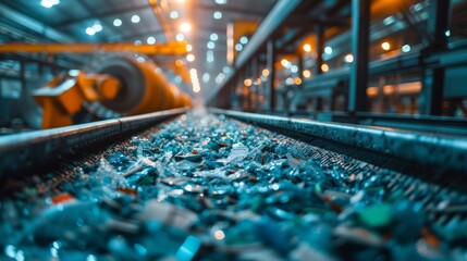 Aufkleber - Colorful fragments of plastic and other materials are being processed on a conveyor belt in a facility. The lighting creates a vibrant atmosphere as the activity continues.