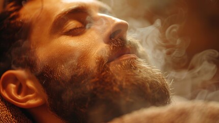 Aufkleber - A man enjoys a tranquil moment with closed eyes, surrounded by a soft cloud of smoke indoors. The warm setting creates an atmosphere of relaxation and calmness.