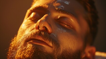 Poster - A man rests peacefully with his eyes closed, displaying a serene expression while receiving a calming treatment at a wellness center. The warm lighting enhances the tranquil mood.