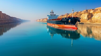 Aufkleber - A cargo ship moves smoothly along a calm waterway, flanked by steep cliffs, reflecting the clear sky during the early morning hours, creating a tranquil atmosphere.