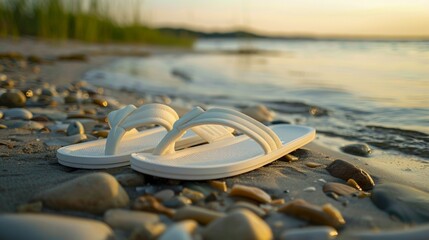Poster - White sandals are placed on a shore covered with smooth pebbles as the sun sets over the distant hills, casting a warm glow on the water and sand.