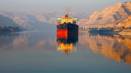 Aufkleber - A large cargo vessel glides through tranquil waters reflecting the stunning mountainous landscape at dawn, creating a peaceful and picturesque maritime experience.