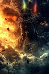 Wall Mural - serene buddha amidst celestial chaos a spiritual journey