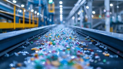 Poster - Various pieces of colorful plastic waste scatter on a conveyor belt in a recycling plant, highlighting the sorting process during daytime operations in an industrial setting.