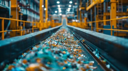 Aufkleber - Conveyor belt is filled with mixed recyclable materials in a bustling industrial facility. Bright lights illuminate the machinery and ongoing processing activities in the background.
