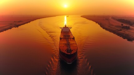 Aufkleber - Cargo ship moves steadily along the river at sunset, casting reflections on the water while the vibrant orange sun slowly descends on the horizon, illuminating the serene landscape.