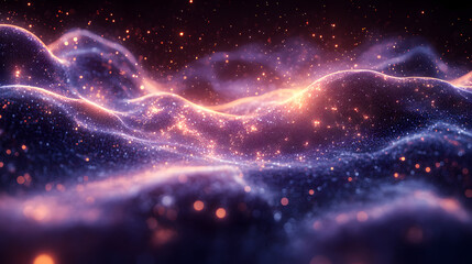 Wall Mural - Celestial Dust: A mesmerizing abstract artwork depicting a cosmic landscape of swirling nebulae, glittering stardust, and ethereal light.  The vibrant hues of purple, orange.