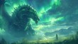 © Riz - Majestic Green Dragon in a Fantasy Landscape under an Aurora Borealis