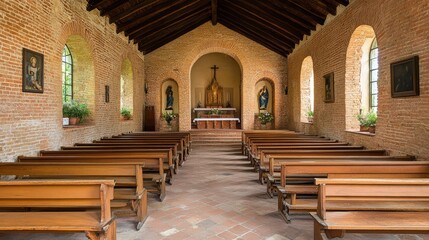 Wall Mural - A serene church interior featuring multiple wooden benches arranged against a rustic brick wall, highlighting a blend of warmth and sacred atmosphere.