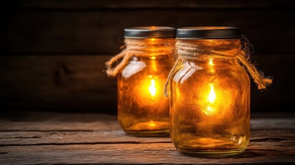 Wall Mural - Two illuminated jars sit elegantly on a table, casting a warm glow and enhancing the ambiance of the space around them.