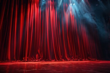 Aufkleber - Red Stage Curtain Illuminated by Dramatic Spotlights