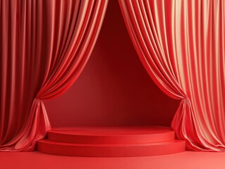 Poster - Red Velvet Curtains Frame a Dramatic Stage Podium Ready for Product Display