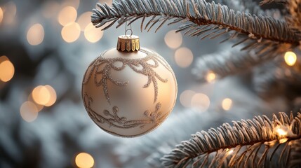 Sticker - A delicate white ornament gracefully hangs from the branches of a beautifully decorated Christmas tree, symbolizing festive cheer and holiday spirit.