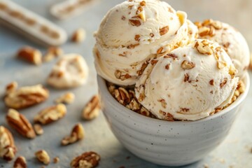 Wall Mural - A simple still life image of a white bowl filled with creamy ice cream and crunchy nuts