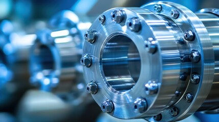 A detailed close-up of a metallic pipe showcasing numerous bolts, highlighting the industrial design and structural components.