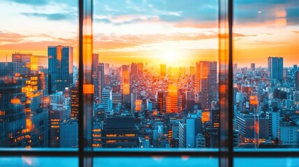 Wall Mural - A stunning aerial view of a cityscape captured from a window, featuring a vibrant sunset that enhances the urban skyline's beauty.