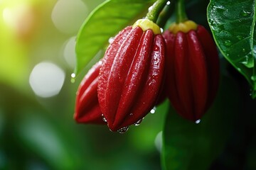 Canvas Print - A close-up view of a plant with water droplets on its leaves and stems, great for use in nature or science-related projects