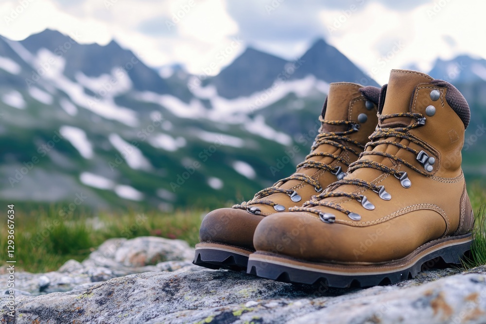 A pair of hiking boots sitting on a rock, great for outdoor and adventure concepts