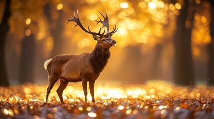 Canvas Print - Majestic stag in autumn forest sunlight