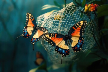 A pair of colorful butterflies perched on the edge of a net