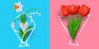 © cgterminal - Set of bouquets with realistic 3d spring flowers narcissus, crocus, tulip, snowdrop and flat silhouette paper package. Creative bright botanical composition. Vector illustration.