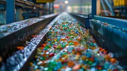 Aufkleber - A recycling facility operates at night, revealing a conveyor belt filled with colorful plastic bottles submerged in water, highlighting the importance of waste management and recycling efforts.