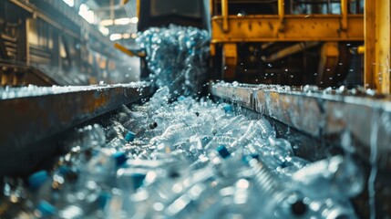 Aufkleber - Water bottles are being sorted and processed on a conveyor belt inside a recycling facility. Sunlight illuminates the area as plastic waste accumulates.
