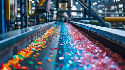 Aufkleber - Brightly colored plastic particles stretch across a conveyor belt in a recycling center, showcasing the sorting process during a busy workday in the facility.