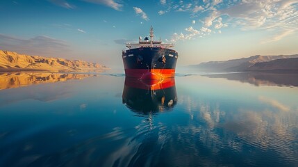 Aufkleber - A large cargo ship is anchored in tranquil waters reflecting a beautiful sunrise. The surrounding landscape features golden cliffs under a clear sky, creating a stunning backdrop.