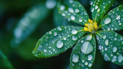 Wall Mural - A close-up shot of a leaf with water droplets glistening on its surface