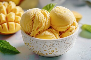 Canvas Print - A delicious serving of mango ice cream accompanied by fresh sliced mangoes, perfect for a sweet treat or dessert