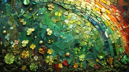 Wall Mural - Vibrant Rainbow Mosaic of Green Leaves and Flowers