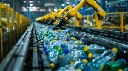 Aufkleber - Advanced robotic arms sort plastic bottles on a conveyor belt in a recycling facility, demonstrating efficiency in waste management and environmental sustainability efforts.