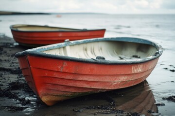 Poster - Two red boats sit on a sandy beach, ready for use or decoration