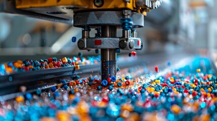 Aufkleber - A machine is actively drilling into a vibrant mixture of plastic granules on a production line in a modern manufacturing facility. The bright colors of the granules stand out against the machinery.