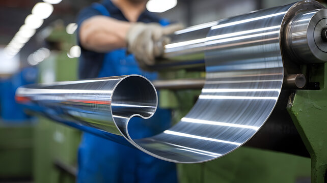 Rolling a Metal Sheet into a Hollow Profile.  A close-up of a factory worker operating a metal rolling machine, shaping a flat steel sheet into a hollow metal profile. 