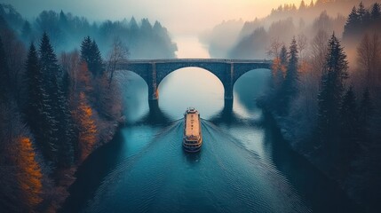 Poster - Misty River Bridge with Boat