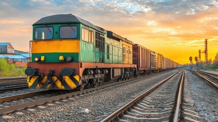 Wall Mural - A vibrant train travels along the tracks, beautifully silhouetted against a stunning sunset sky filled with rich colors and warm hues.