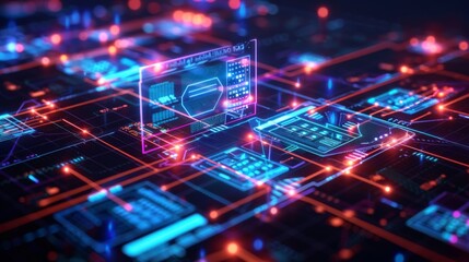 Poster - Bright neon patterns create a complex digital landscape, featuring interconnected circuit designs and glowing nodes that represent advanced technology concepts and data flow.