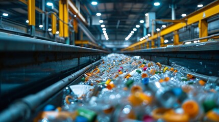 Aufkleber - Plastic waste accumulates on conveyor belts in a recycling facility where workers sort materials for proper disposal, emphasizing recycling's essential role in waste reduction.