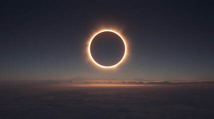 Wall Mural - a stunning solar eclipse with a dark lunar disc surrounded by a bright corona, visible above a lands