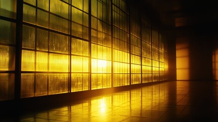 Wall Mural - A serene hallway illuminated by warm yellow light filtering through glass, creating an inviting atmosphere that beckons exploration.