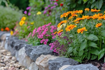 Poster - A beautiful flower garden surrounded by rocks and filled with colorful flowers