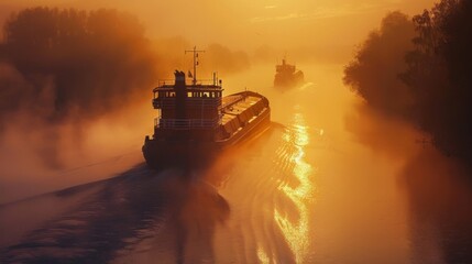 Aufkleber - Two boats glide along a serene river as the sun sets, illuminating the water with golden hues while a soft mist envelops the landscape in the early evening light.