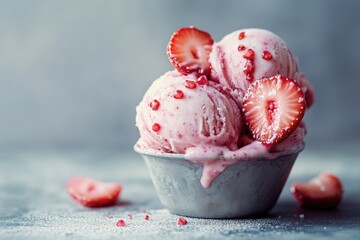 Wall Mural - Fresh strawberries served over three scoops of creamy ice cream in a colorful bowl