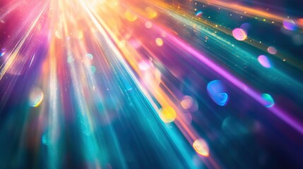 Dreamlike display of rainbow-colored light refraction and scattering, with bright beams and colorful spots created through crystal or glass, illuminated by strong light rays