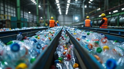 Aufkleber - Employees wearing safety vests and helmets work to sort an extensive line of plastic bottles at a recycling center, ensuring proper recycling procedures during daytime hours.