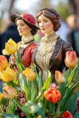 Canvas Print - A pair of female statues hold tulips in a vase